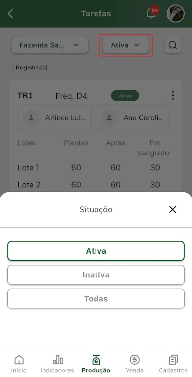 Opções de filtro de situação da tarefa