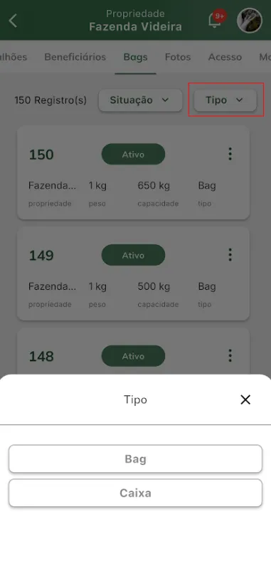 Filtro de bags por tipo