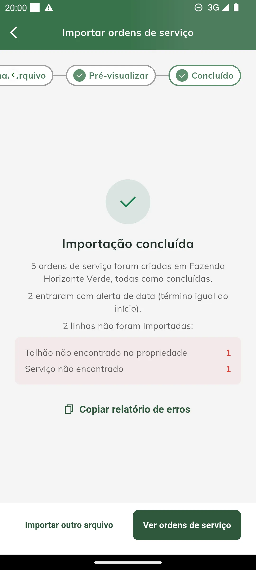 Resumo da importação