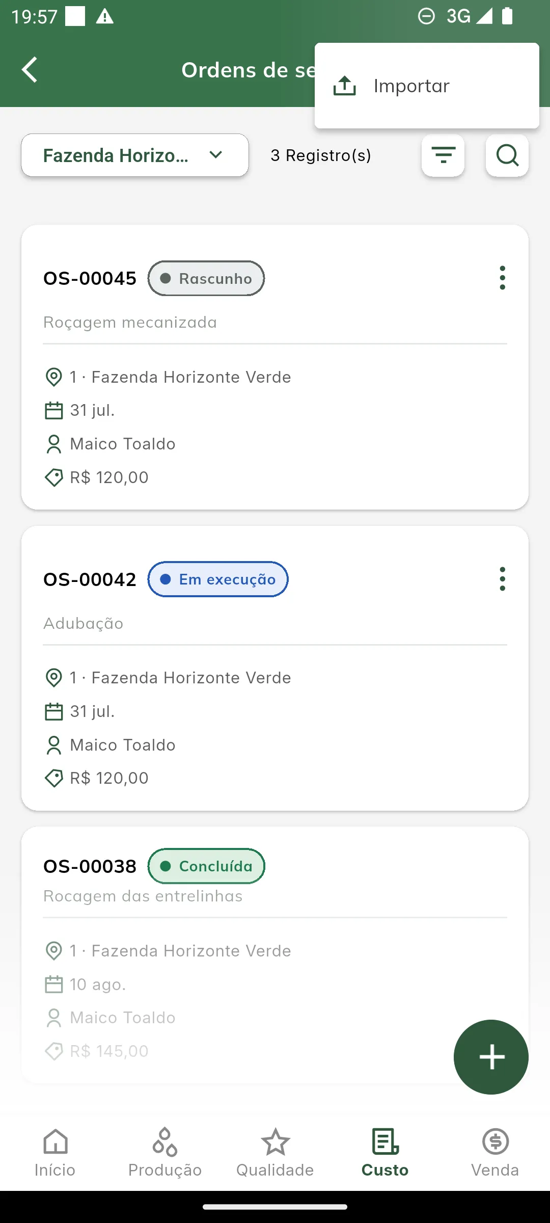 Menu com a opção Importar