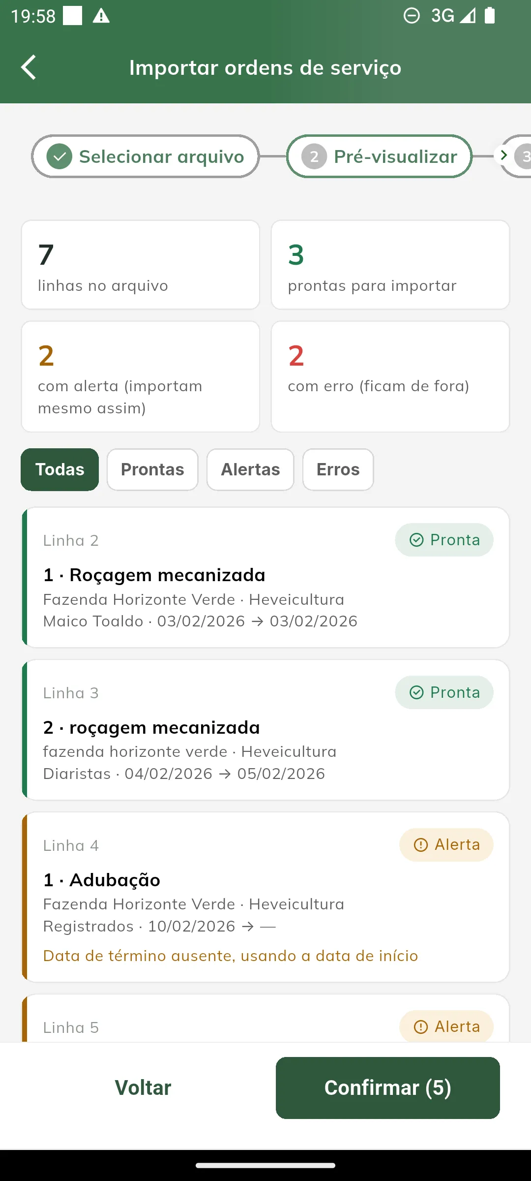 Pré-visualização da importação