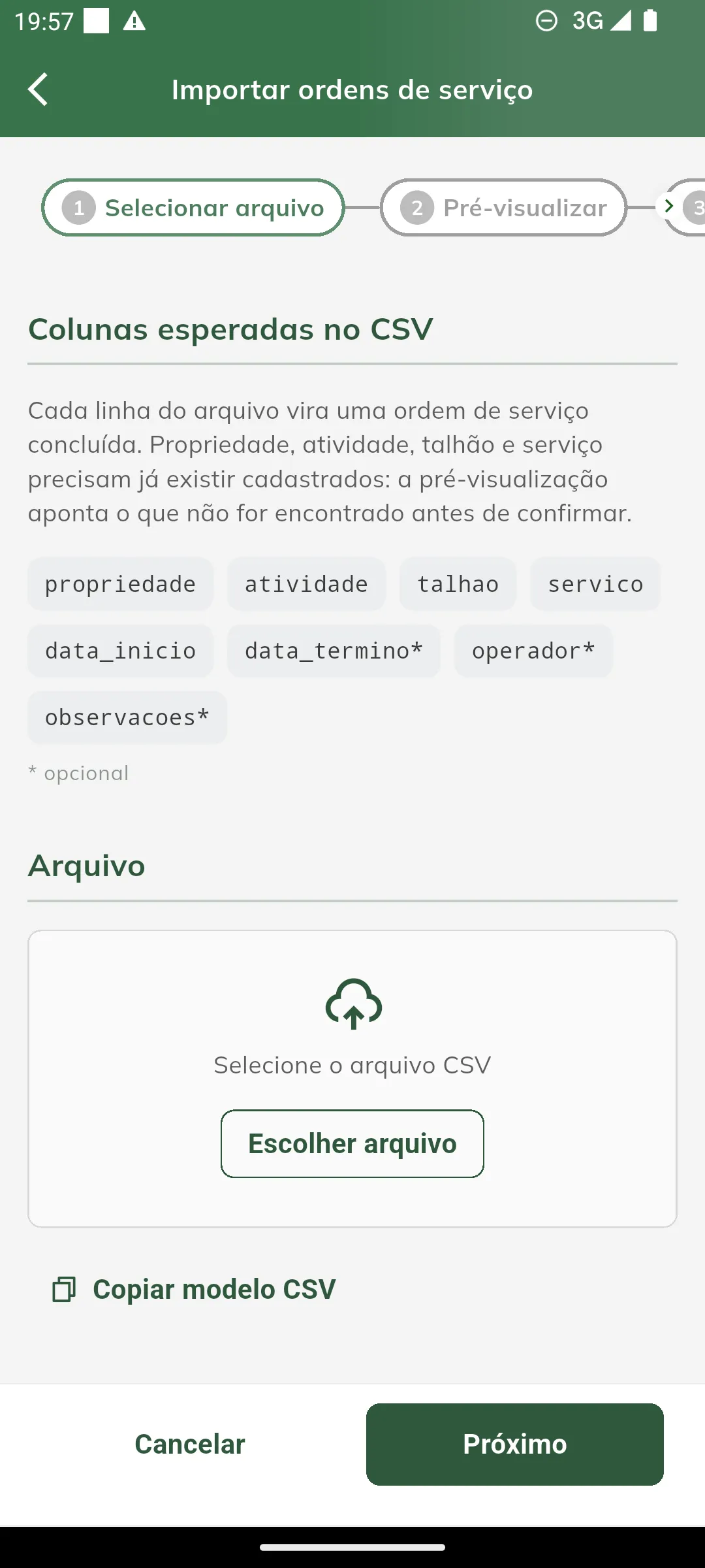 Etapa Selecionar arquivo