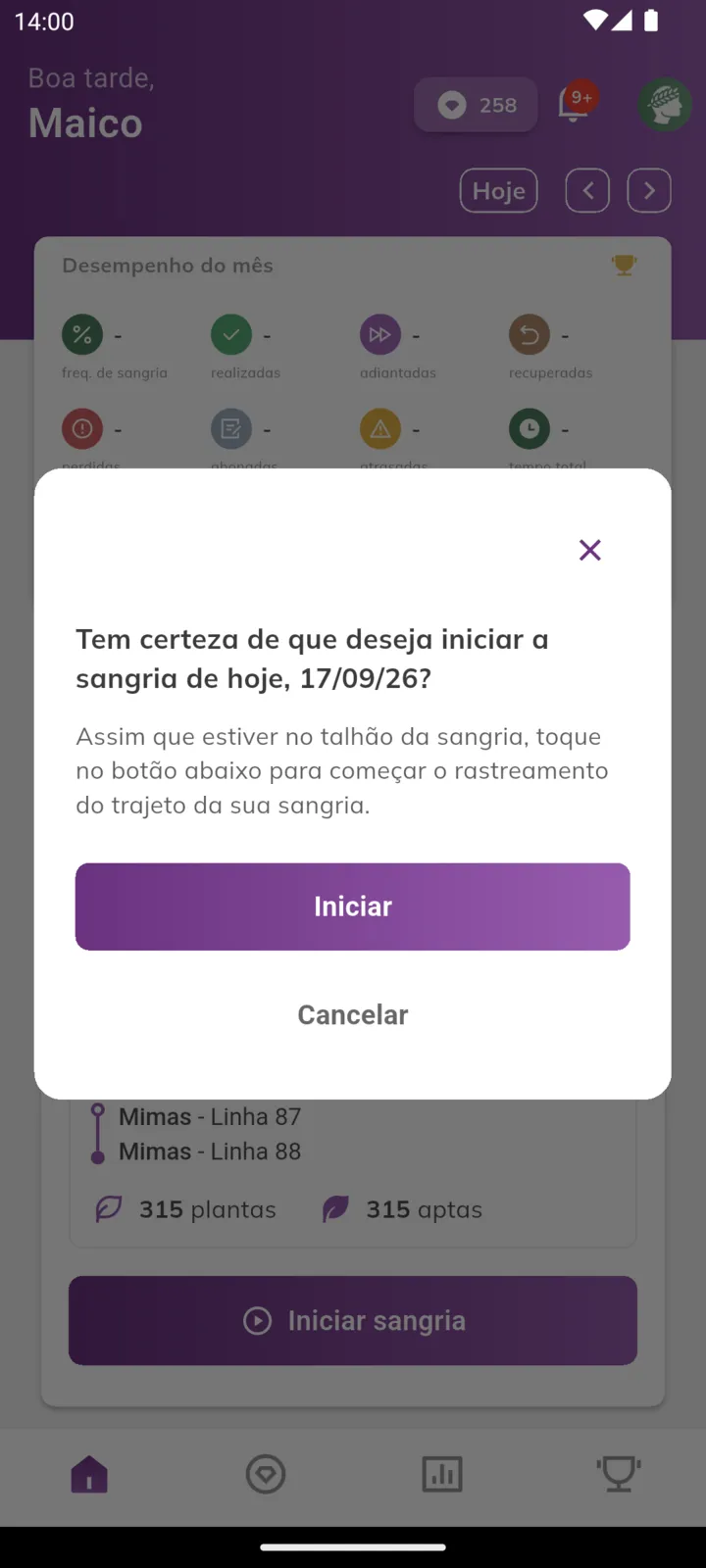 Confirmação para iniciar a sangria