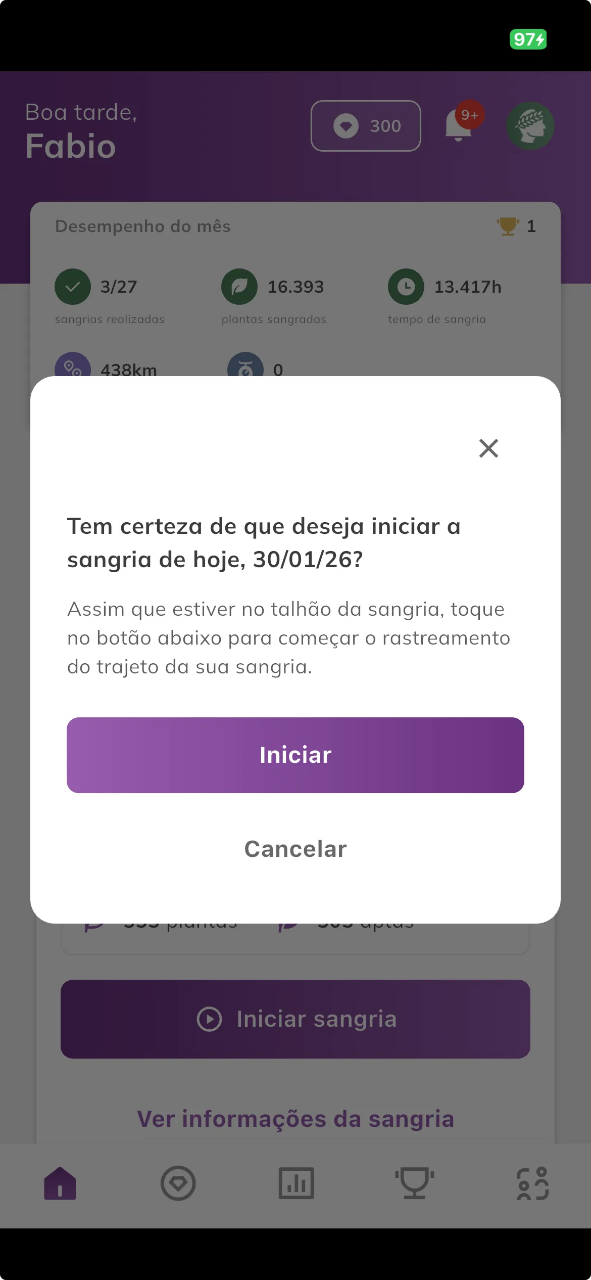 Iniciar registro da sangria