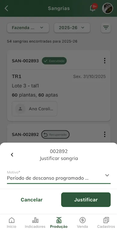 Confirmar justificativa de sangria perdida