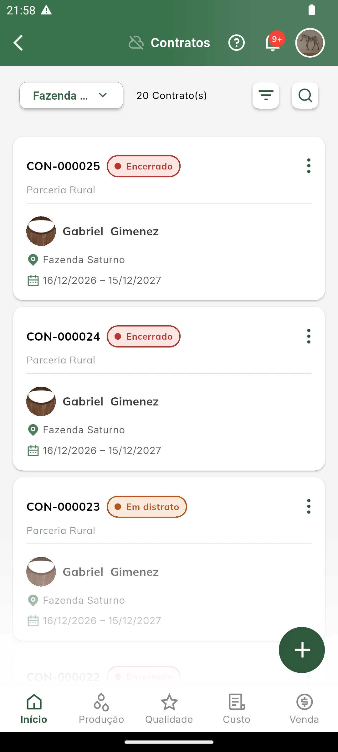 Contrato na situação Em distrato na lista de contratos