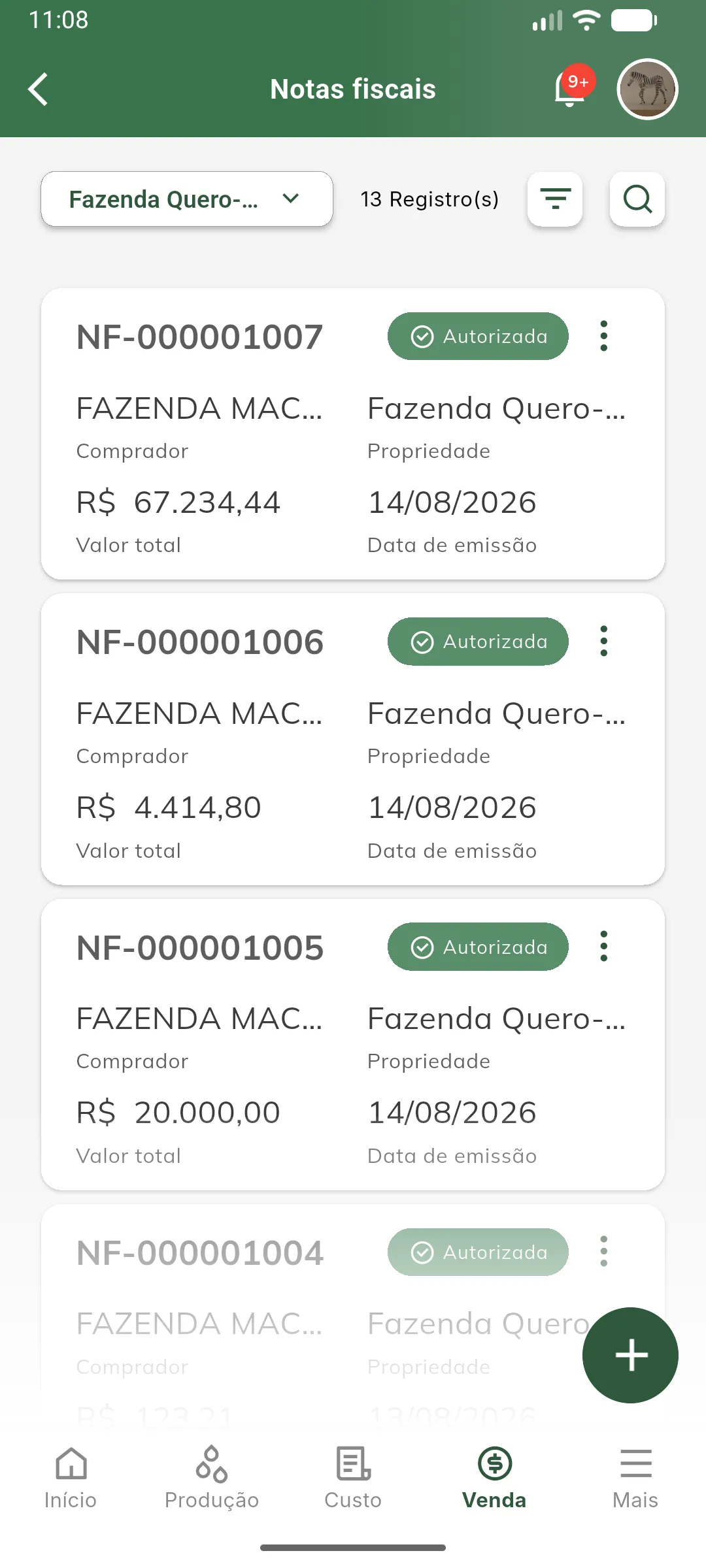 Listagem de notas fiscais