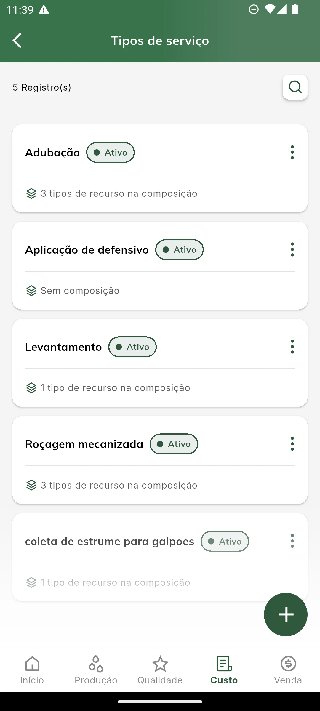 Listagem de tipos de serviço