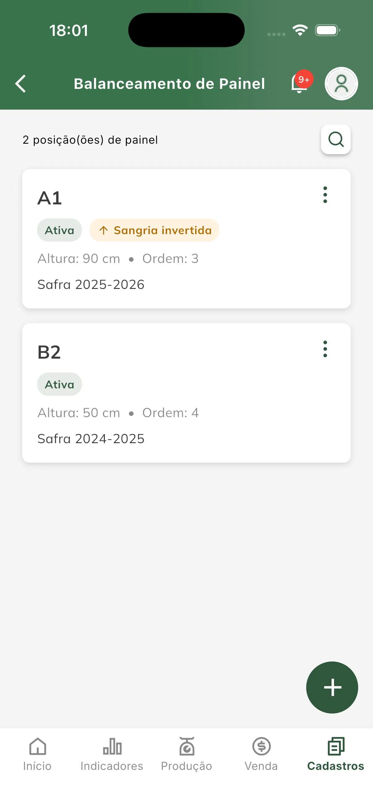 Posições cadastradas, com situação, altura, ordem e o selo de sangria invertida Listagem de posições de painel