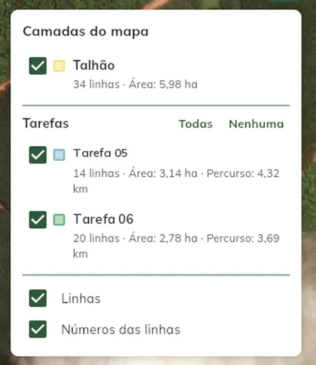 Painel “Camadas do mapa”, com o talhão, as tarefas e as opções de linhas Painel de camadas do mapa do talhão