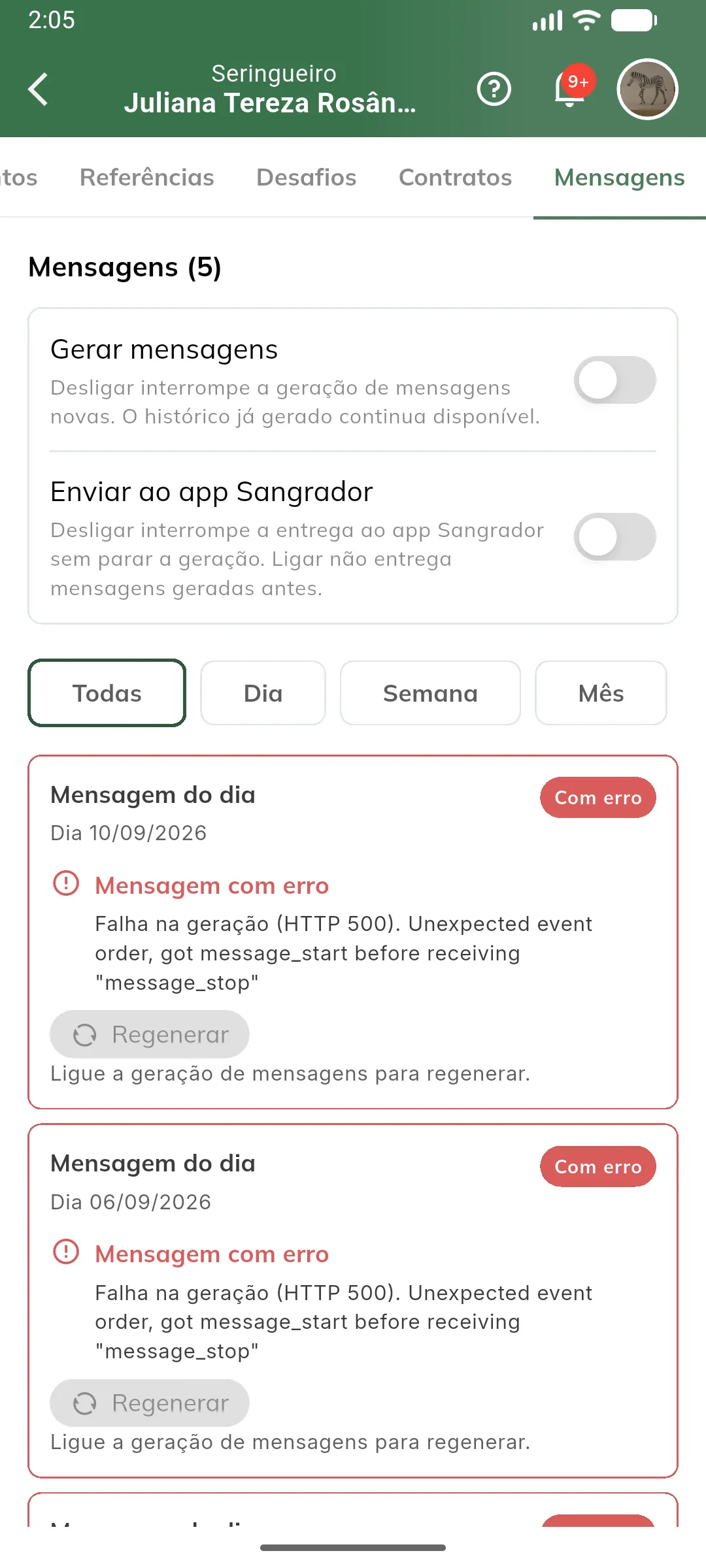 Aba Mensagens com os dois switches desligados