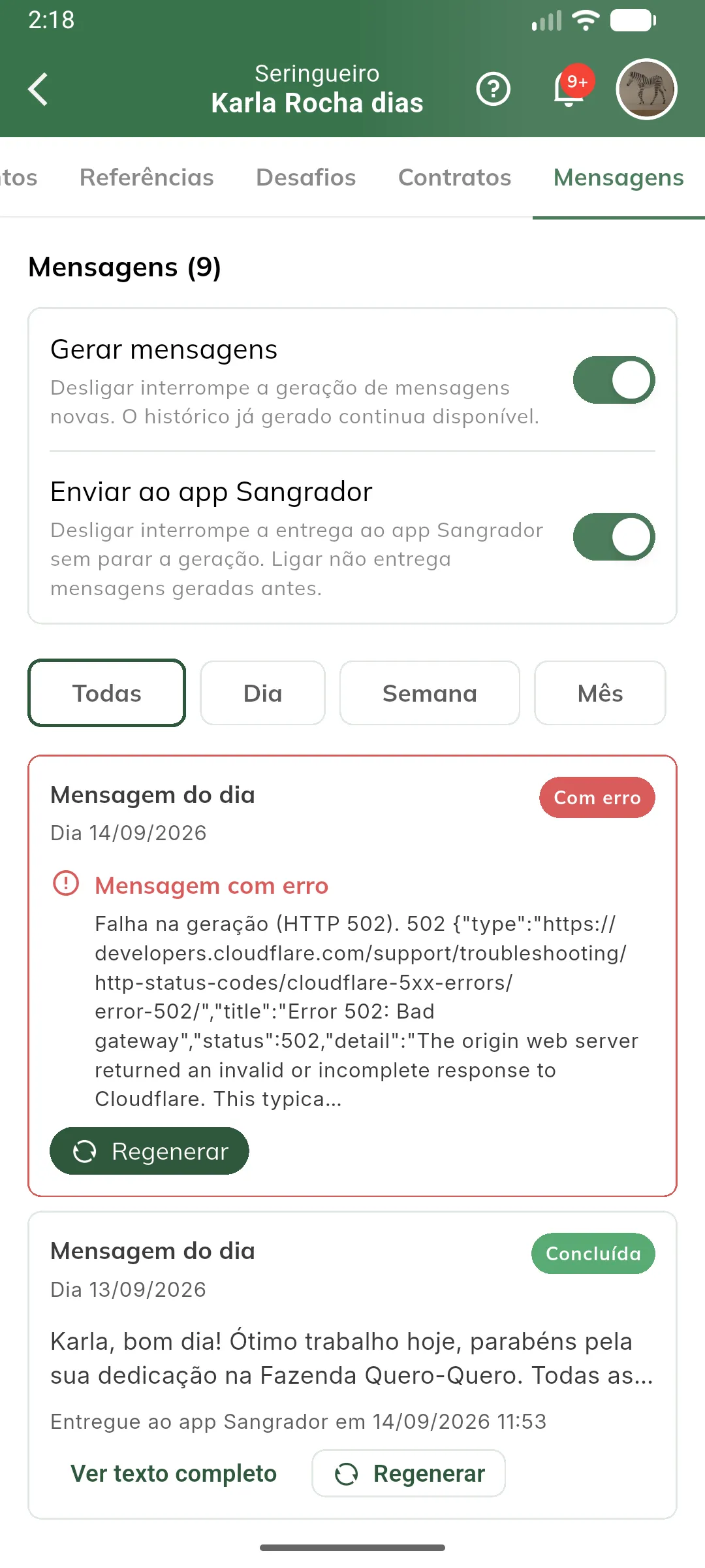 Aba Mensagens de um sangrador com geração e envio ligados