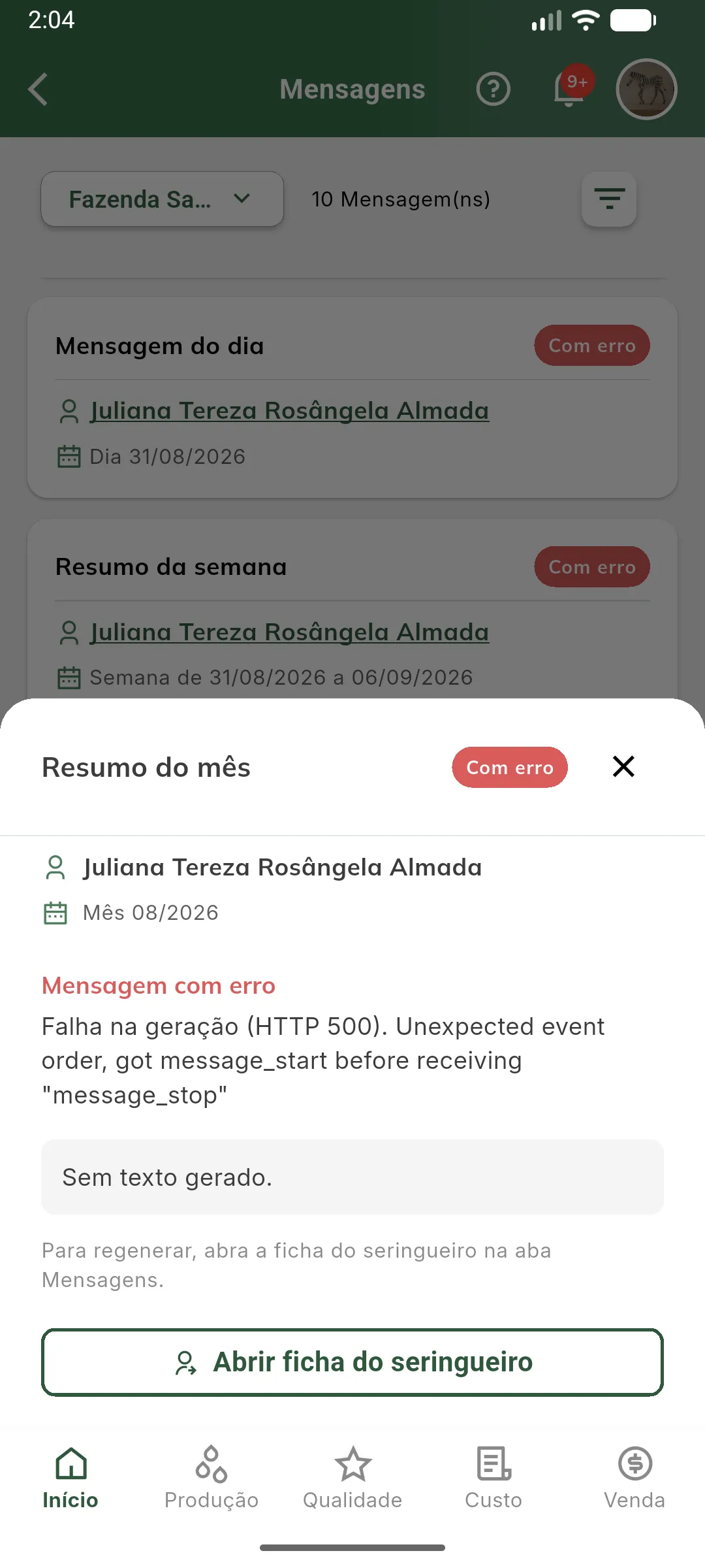 Detalhes de uma mensagem com erro