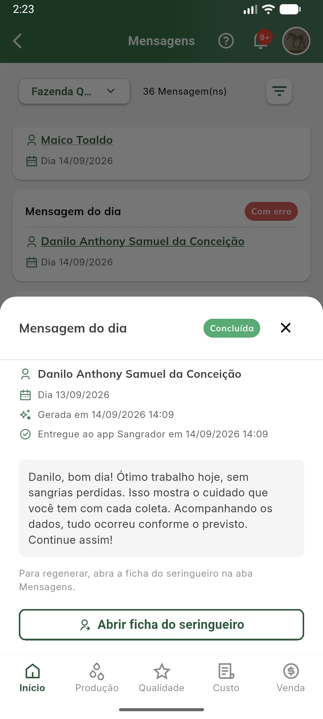 Detalhes de uma mensagem concluída