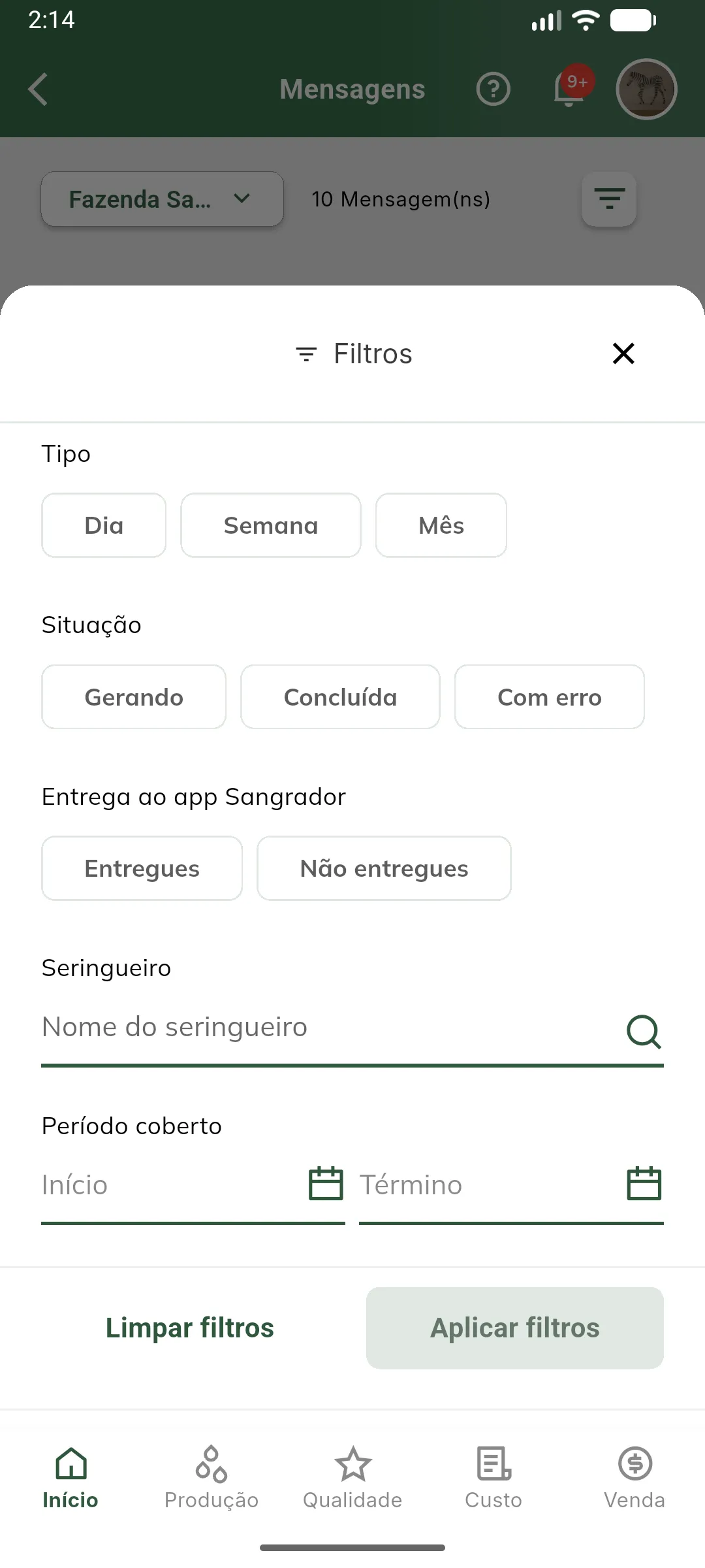 Folha de filtros da lista de mensagens