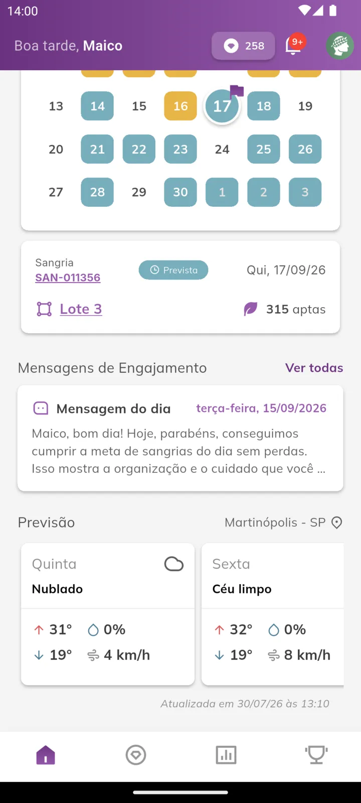 Card de mensagens na tela Início