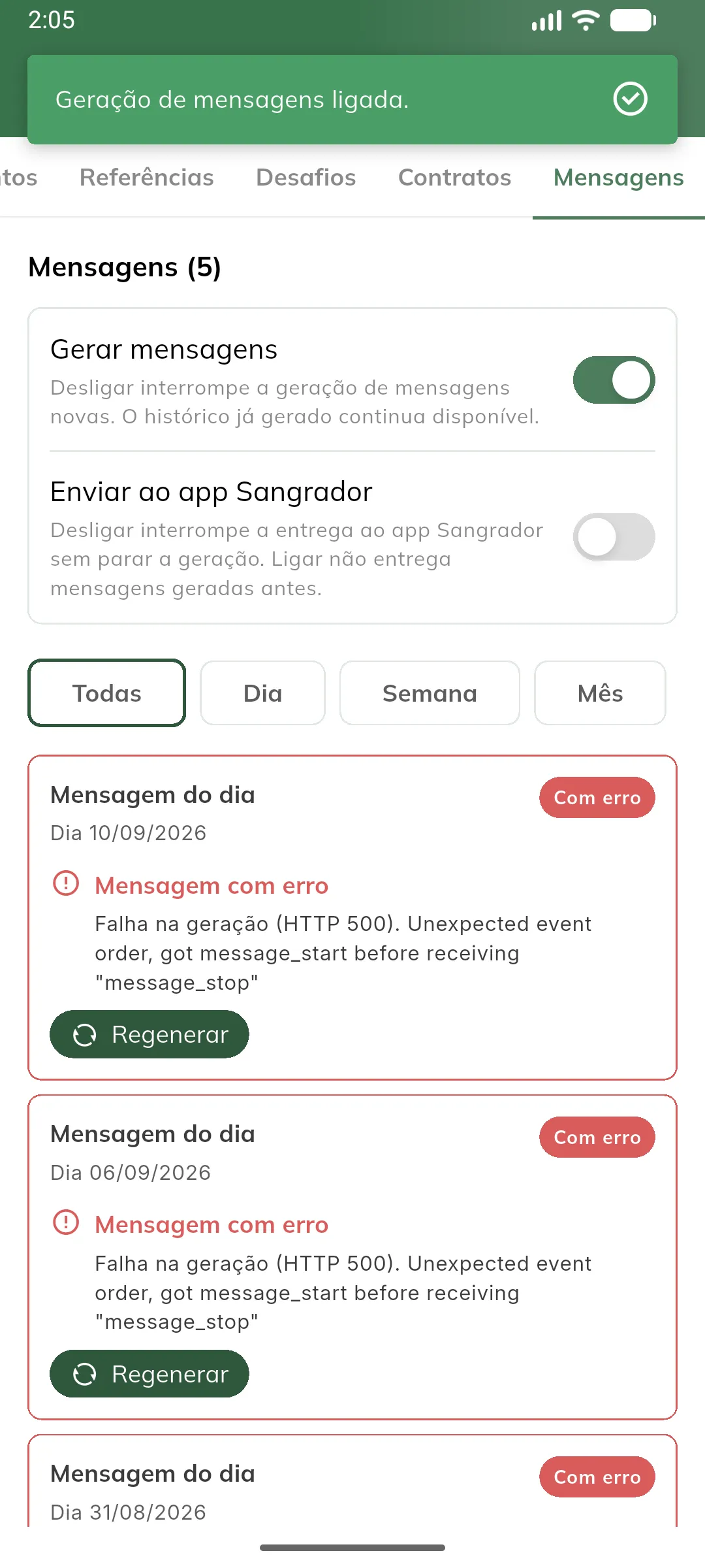 Geração de mensagens ligada
