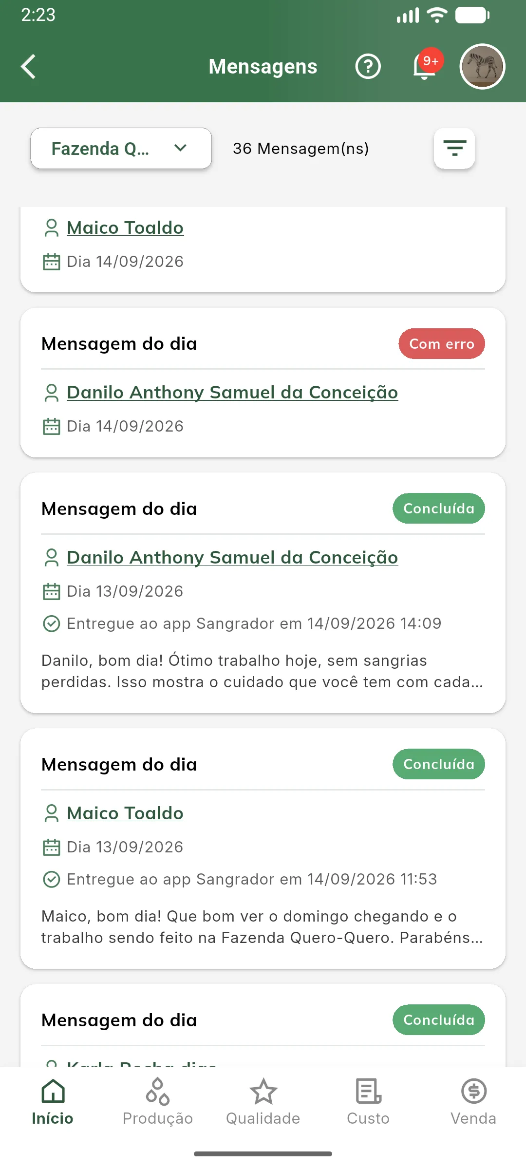 Lista de mensagens da propriedade
