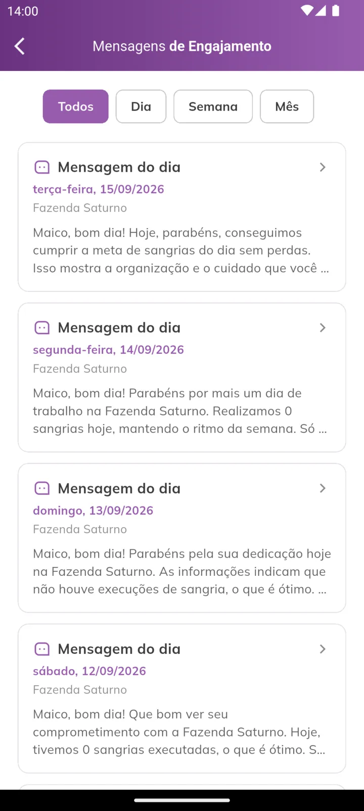 Lista de mensagens de engajamento