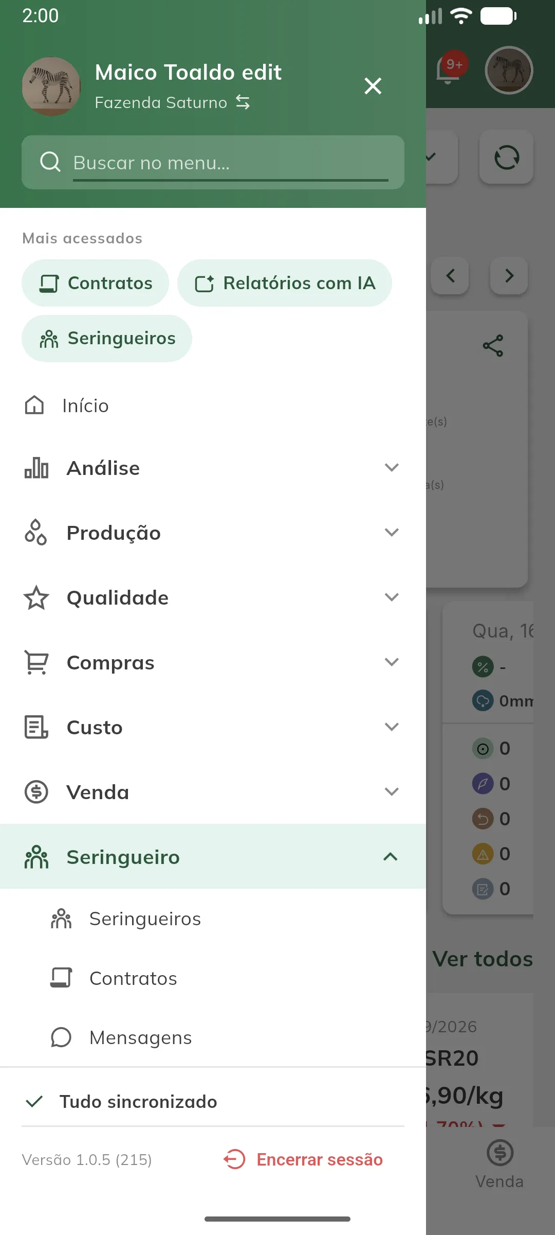 Menu lateral com o grupo Seringueiro expandido