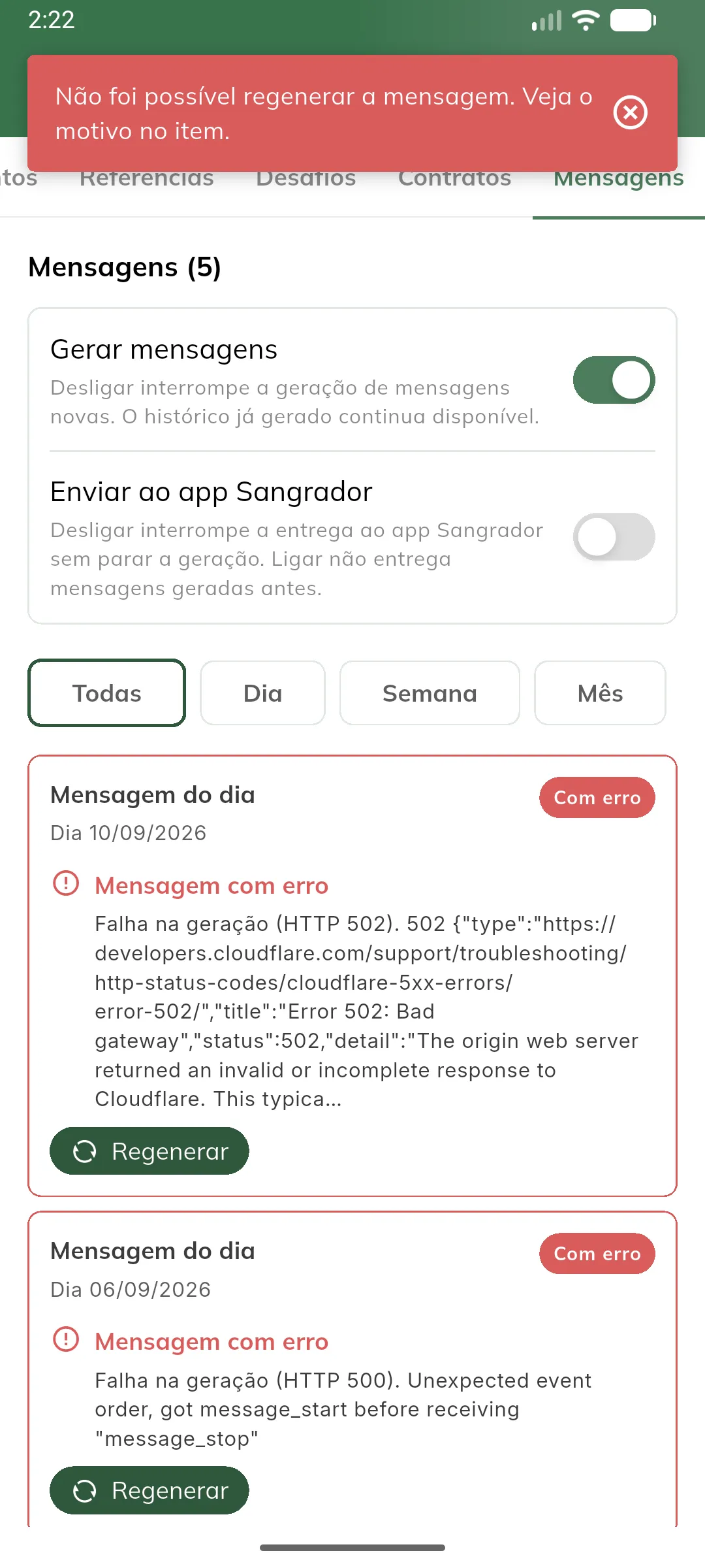 Falha ao regenerar uma mensagem