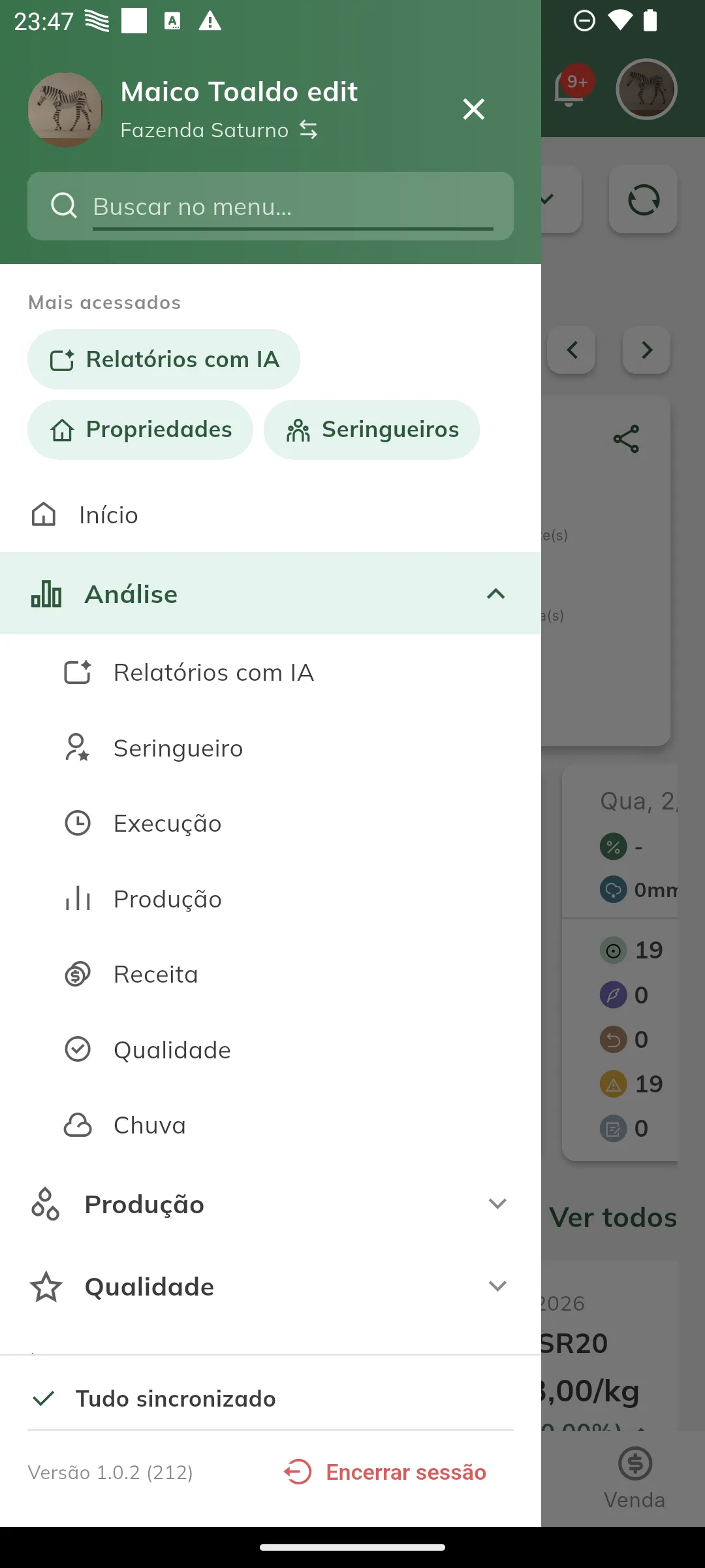 Menu lateral com o grupo Análise expandido