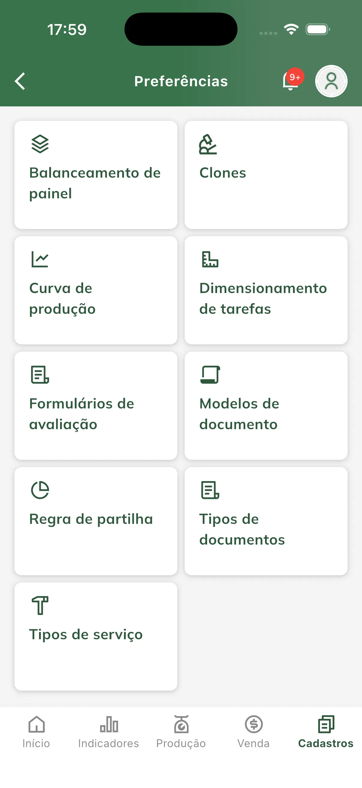 Card “Balanceamento de painel” na tela de Preferências Acessar o balanceamento de painel