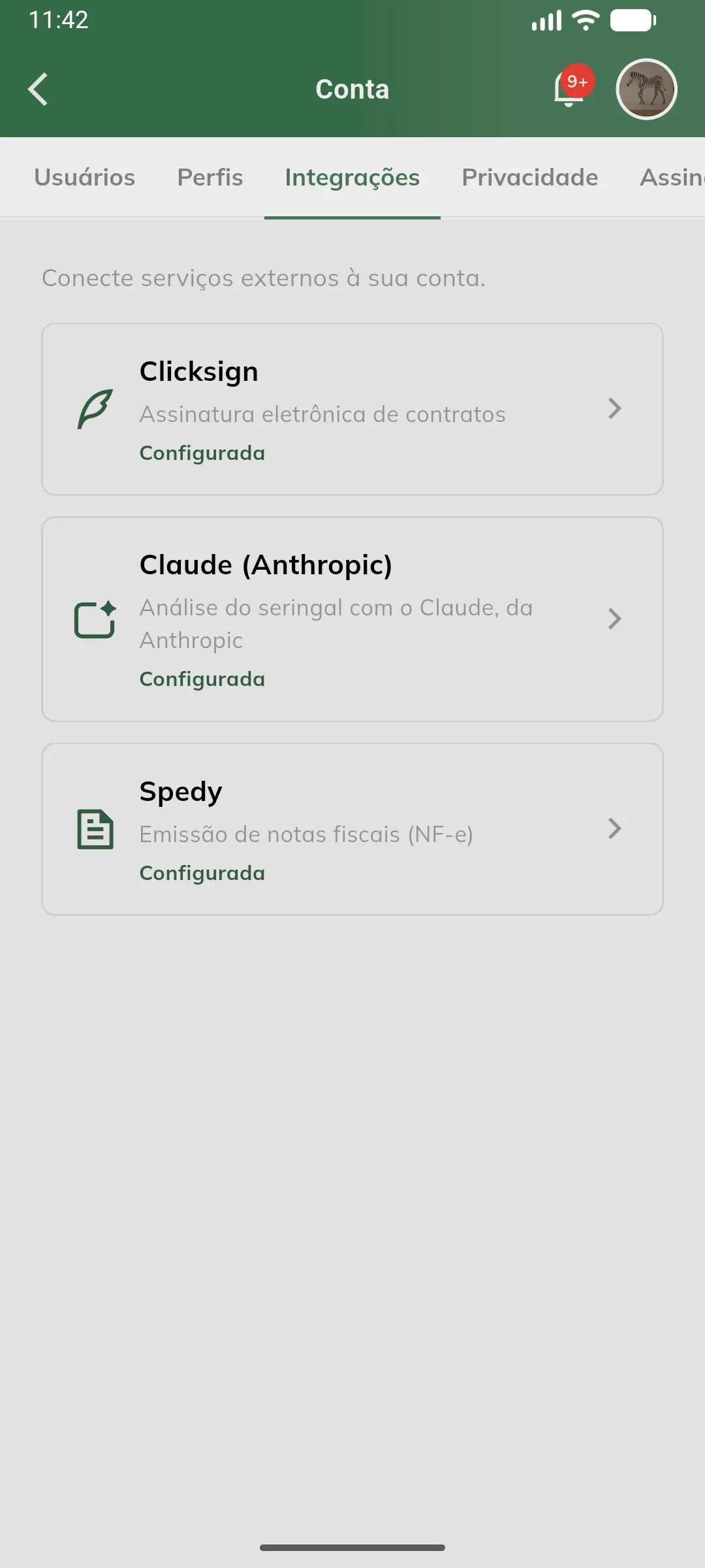 Integrações da conta