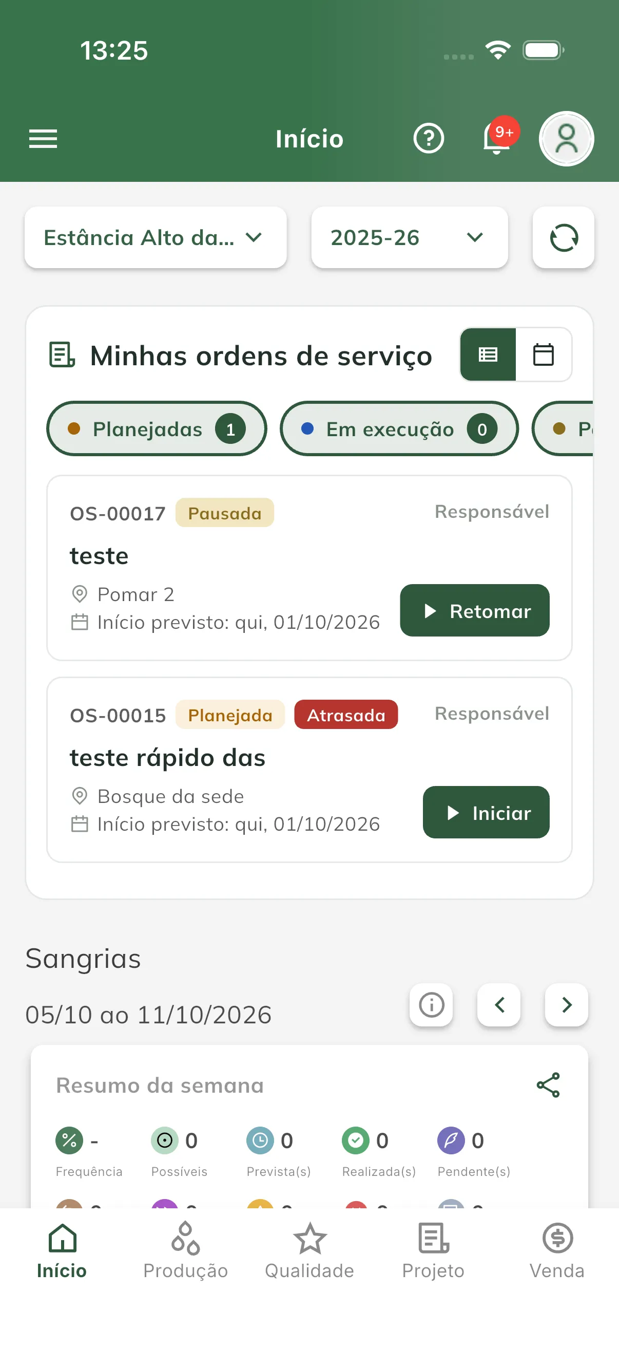 O bloco Minhas ordens de serviço na tela inicial