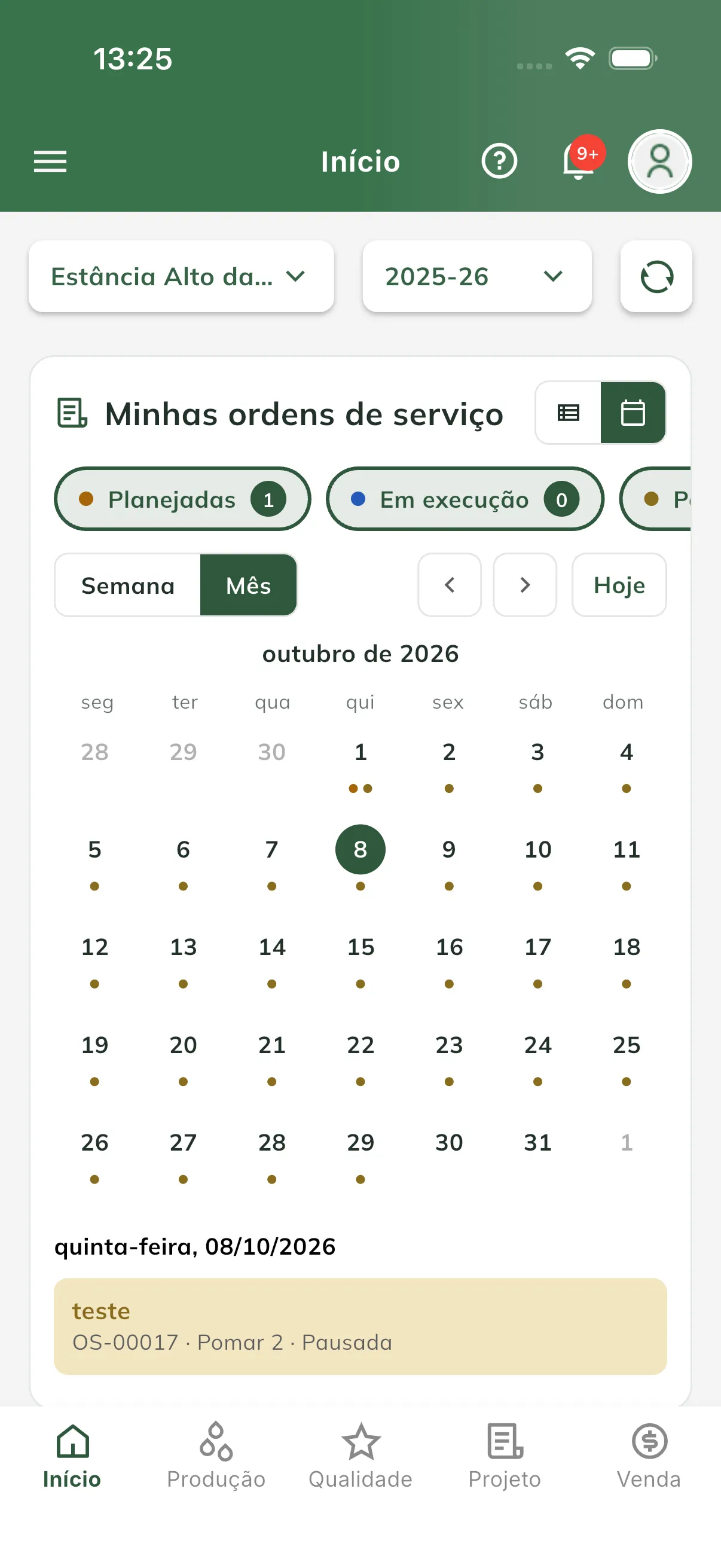 Calendário na visão de mês