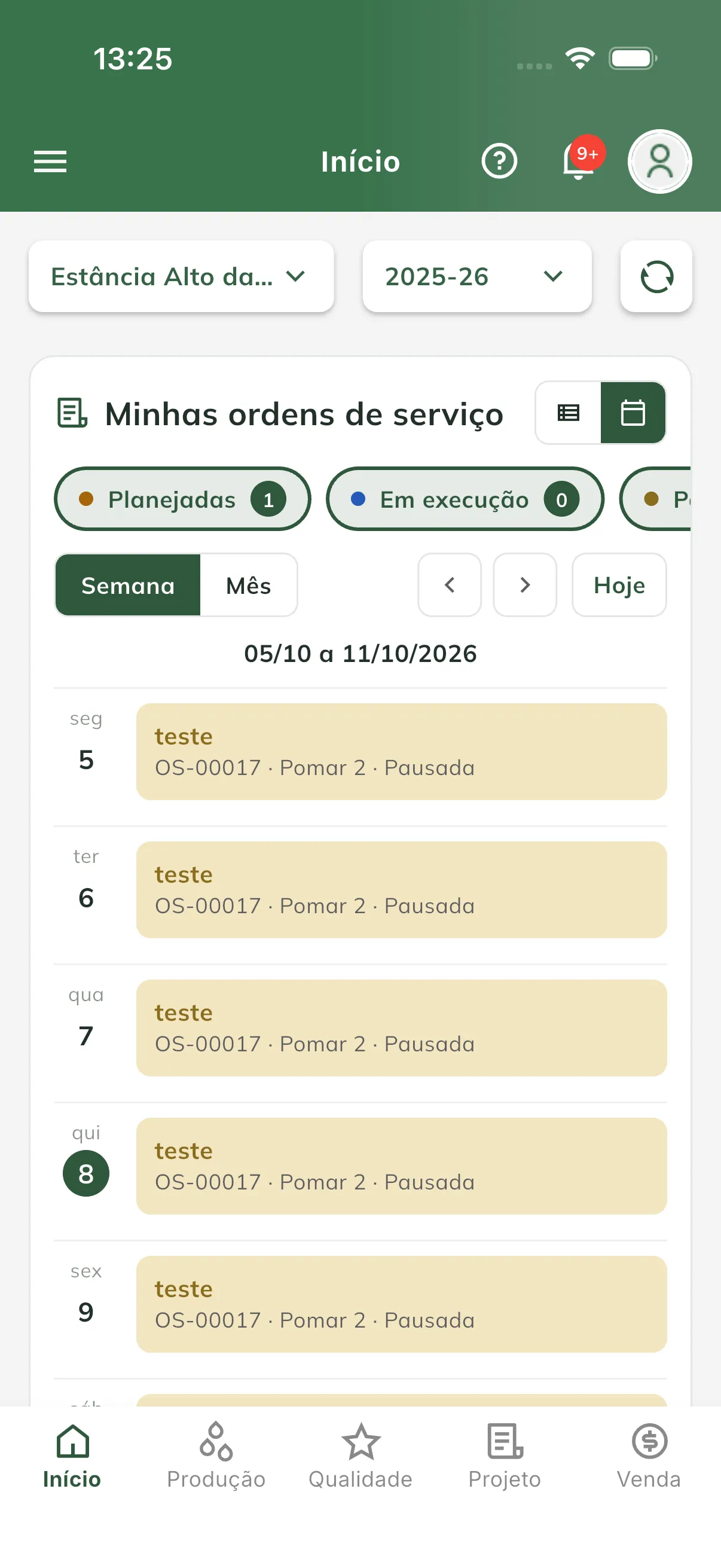 Calendário na visão de semana