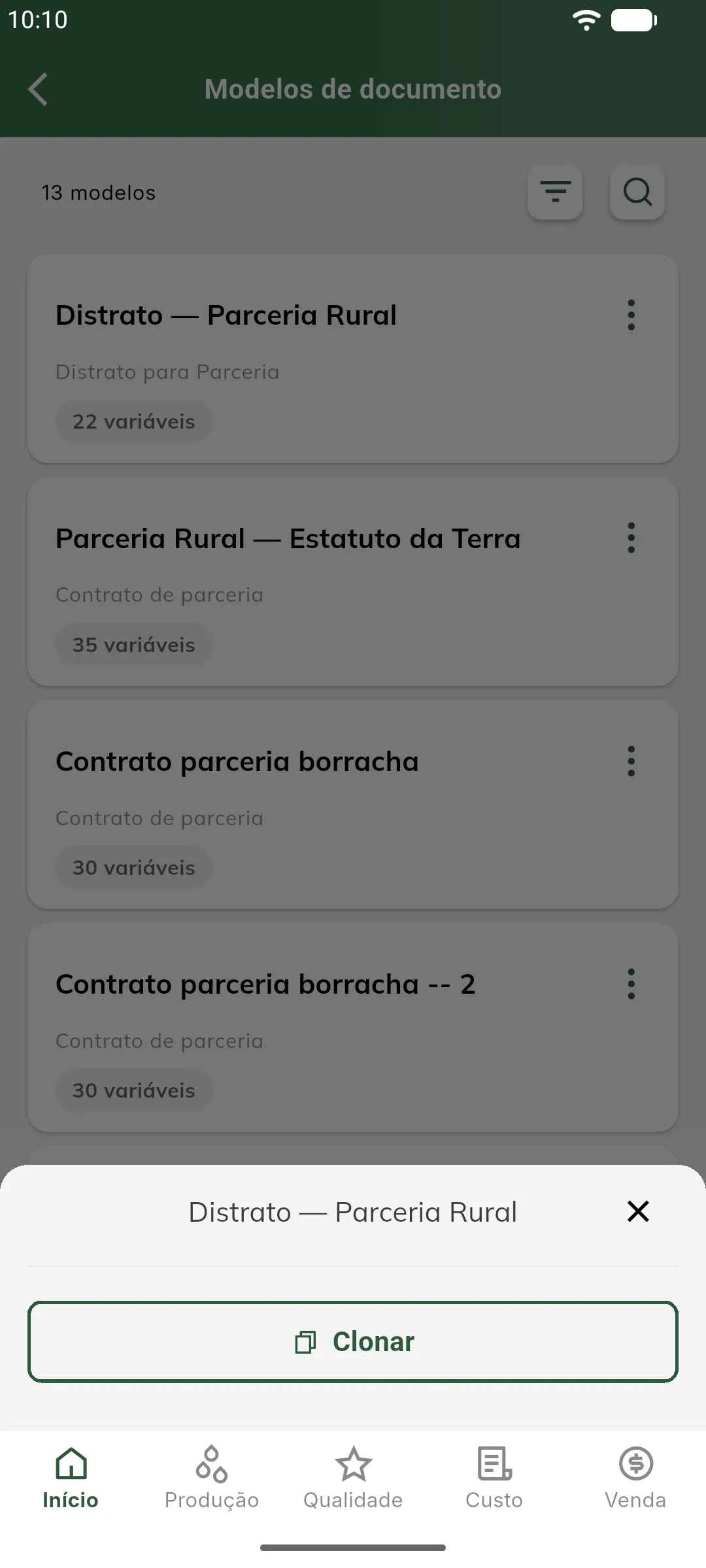 Modelo de sistema: o menu de ações só permite clonar