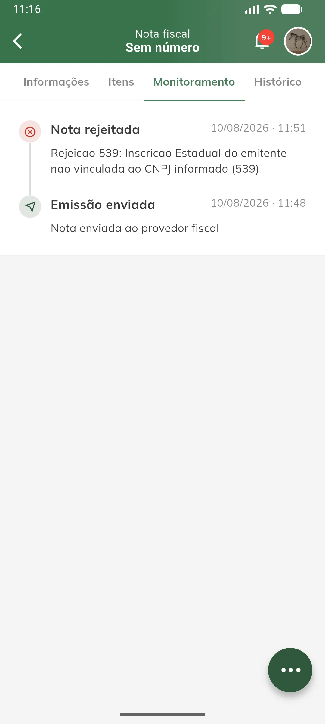 Monitoramento de uma nota rejeitada