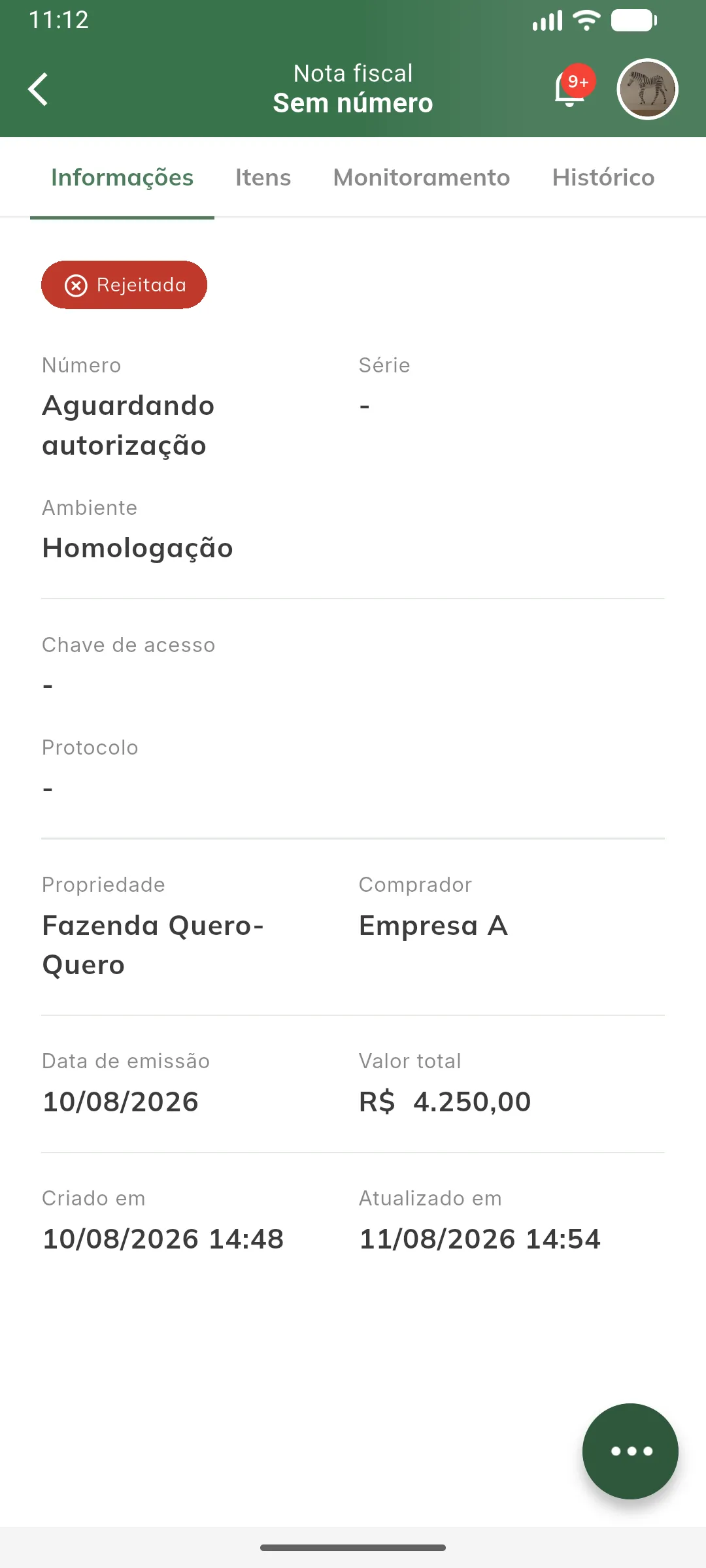 Nota rejeitada