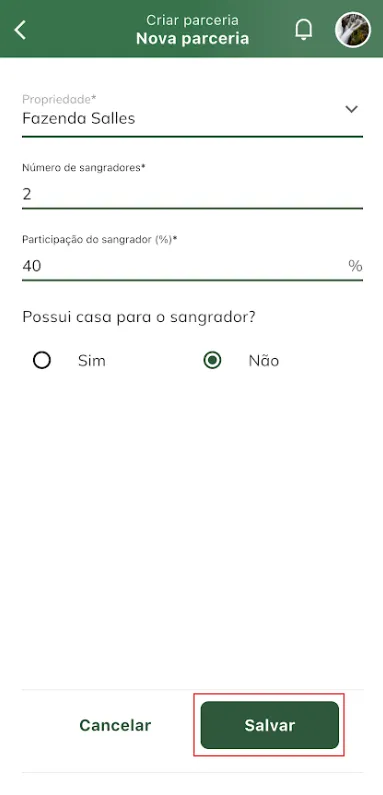 Tela: salvar cadastro de parceria Cadastrar parceria