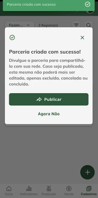 Tela: publicar cadastro de parceria Confirmar publicação de parceria