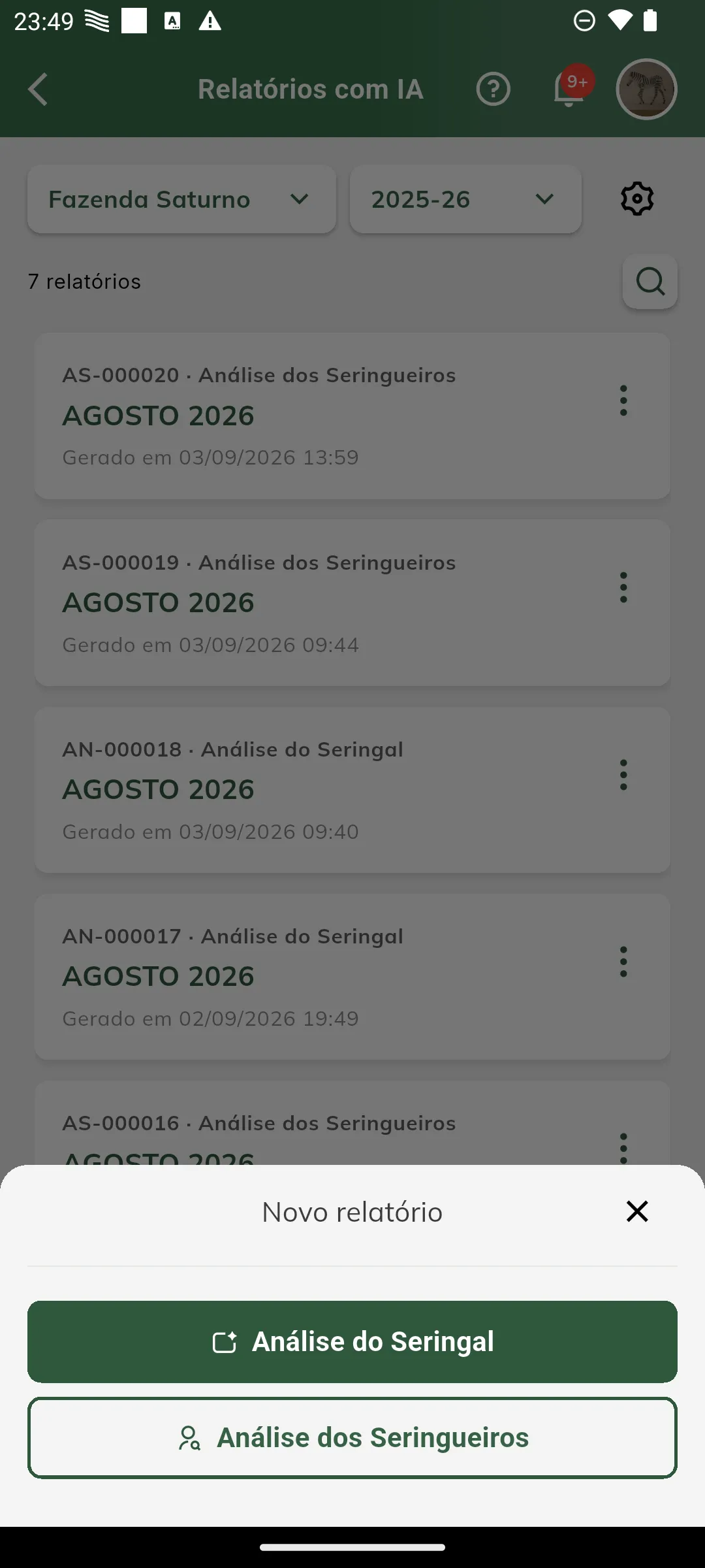 Folha de escolha do tipo de relatório