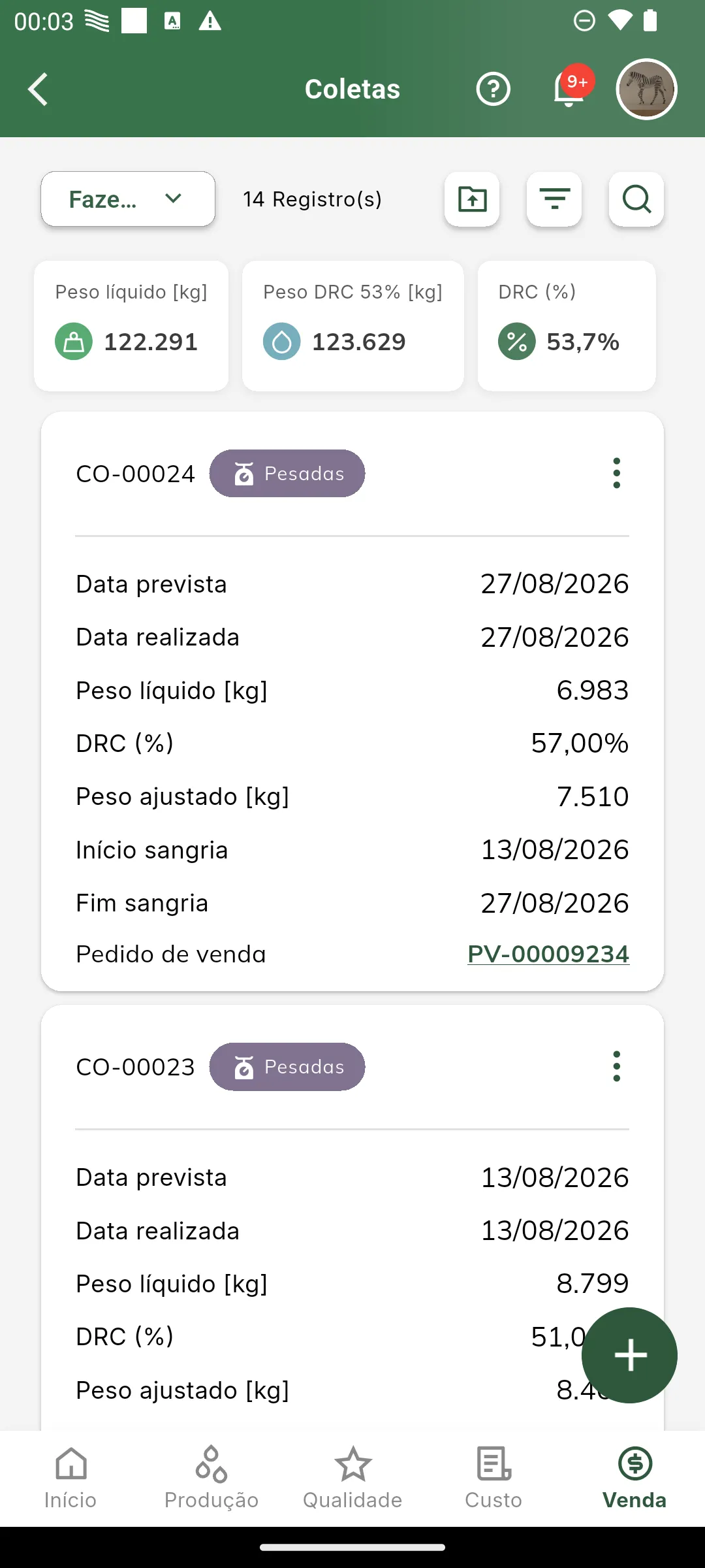 Lista de coletas com peso líquido, DRC e peso ajustado