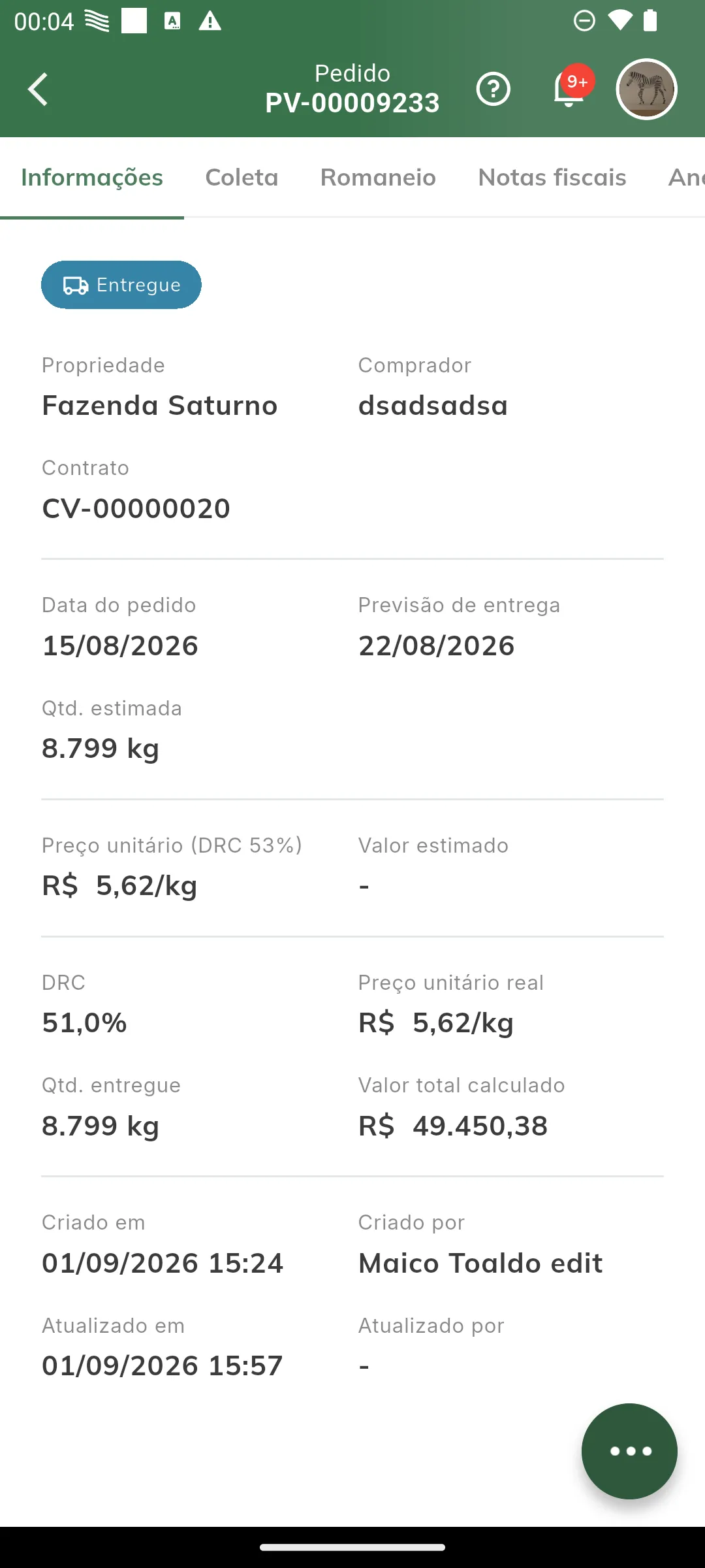 Pedido de venda PV-00009233