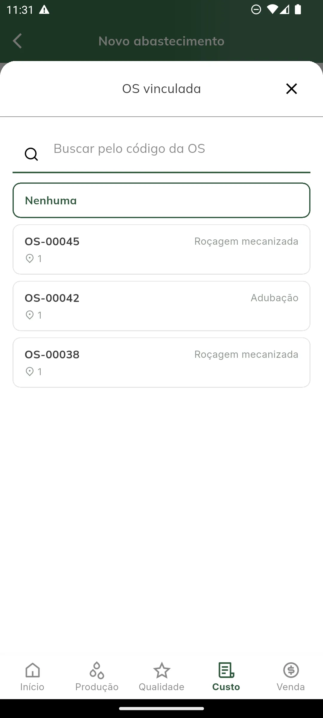 Seleção da OS vinculada
