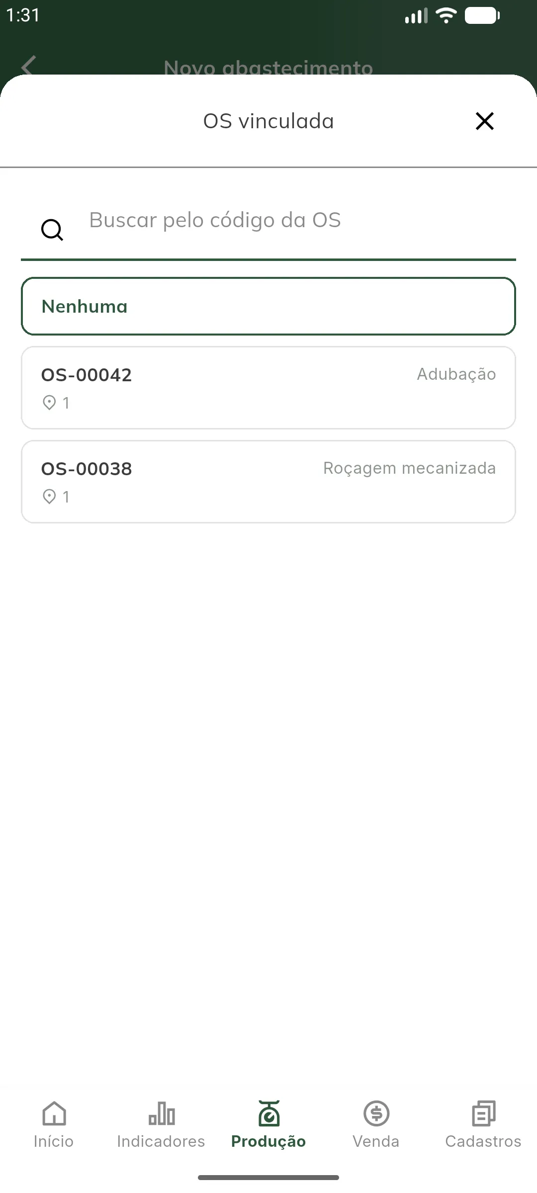 Seleção da OS vinculada