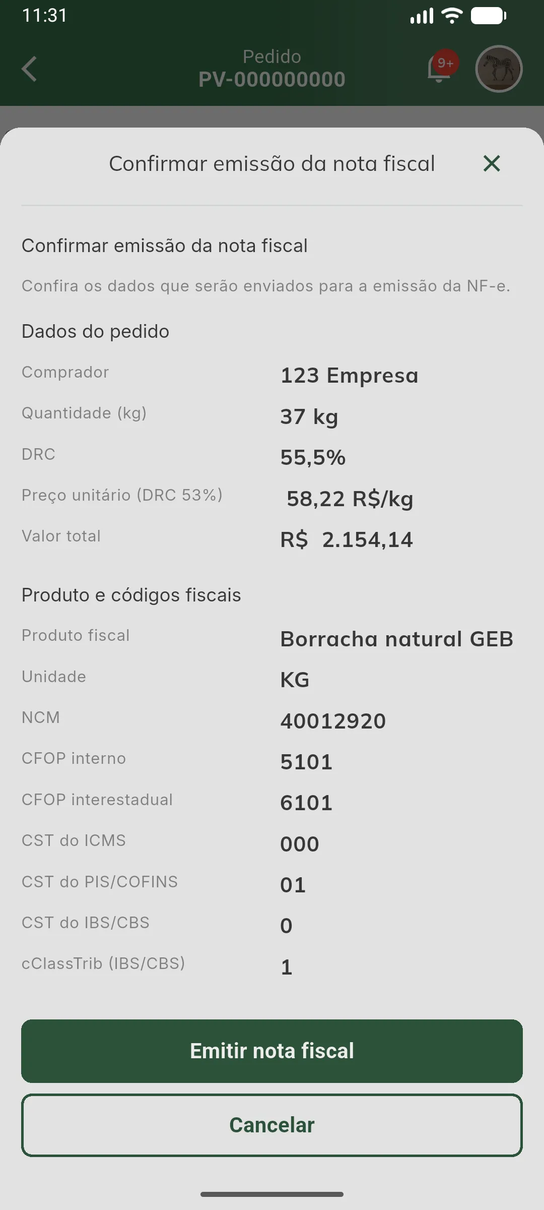 Confirmar emissão da nota fiscal