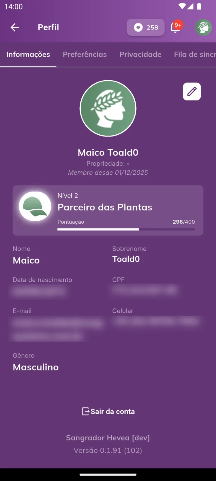 Aba Informações do perfil