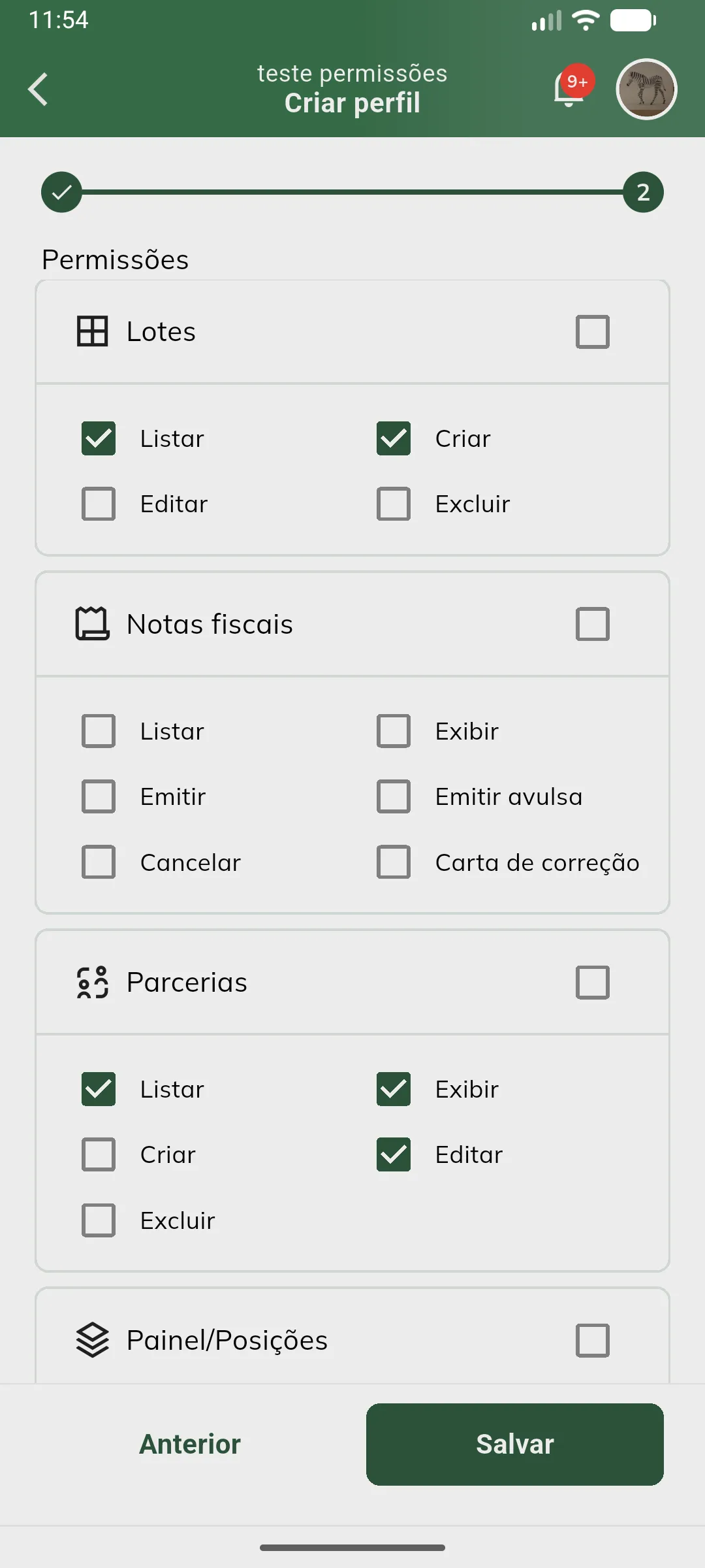 Permissões de notas fiscais no perfil