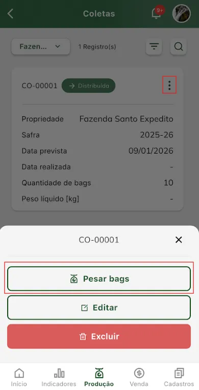 Iniciar pesagem de bags para a tarefa