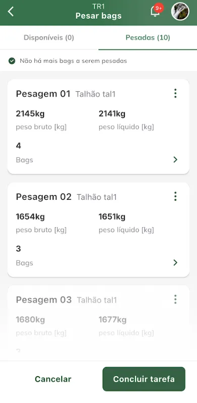 Concluir pesagem da tarefa