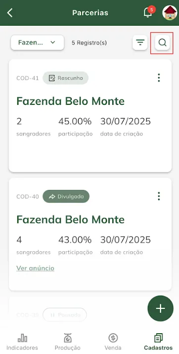 Tela: iniciar pesquisa de parceria Pesquisar parceria