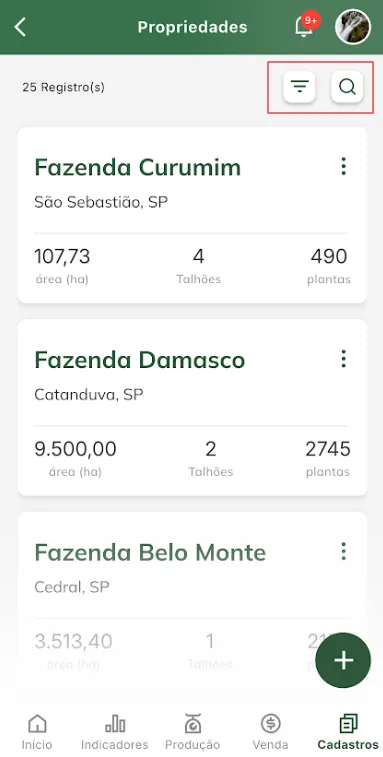 Tela: Pesquisar e filtrar propriedades Filtro e pesquisa de propriedades