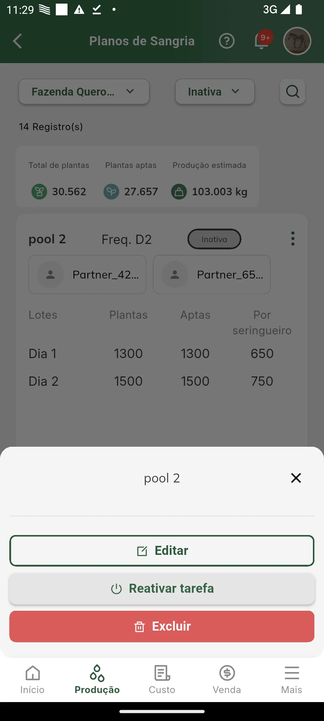 Ações de um plano inativo