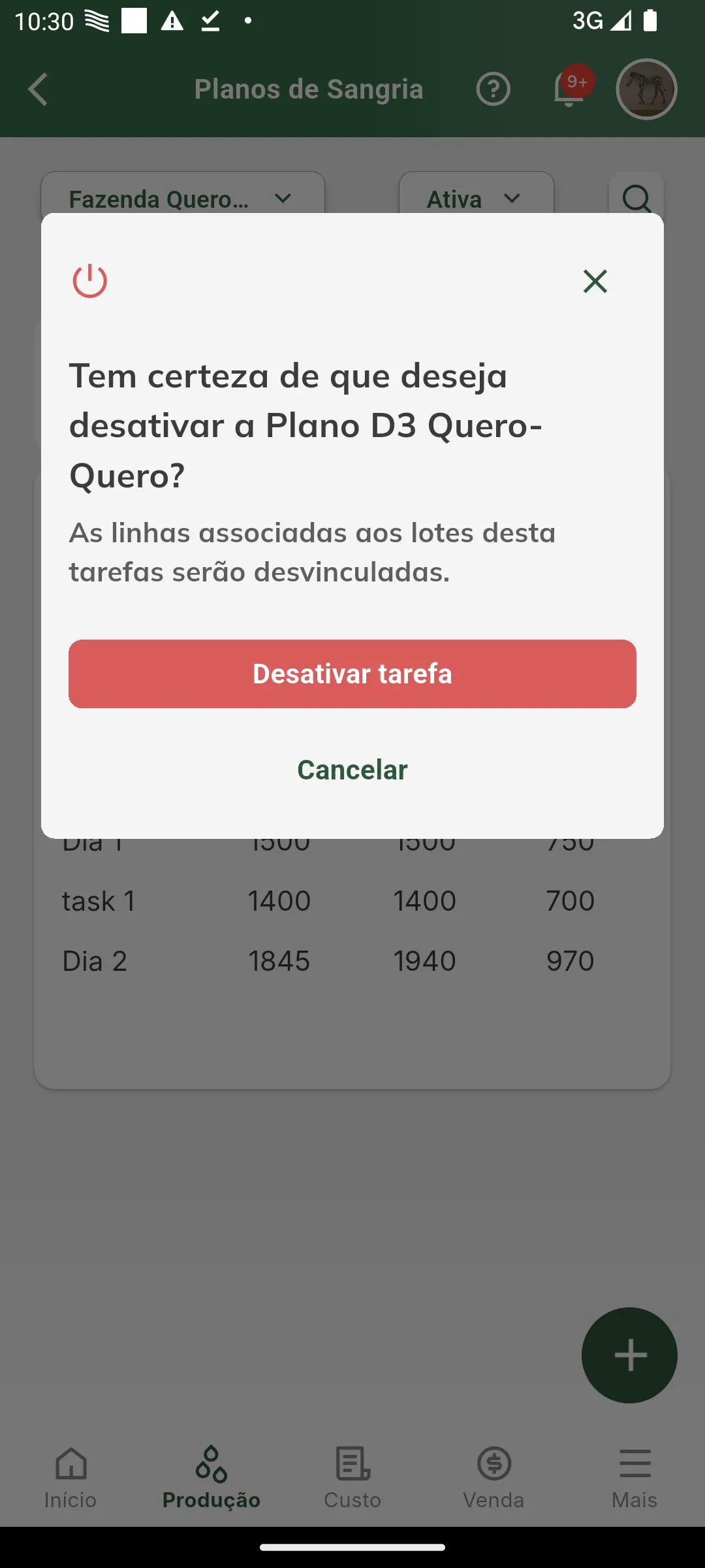 Confirmar inativação do plano